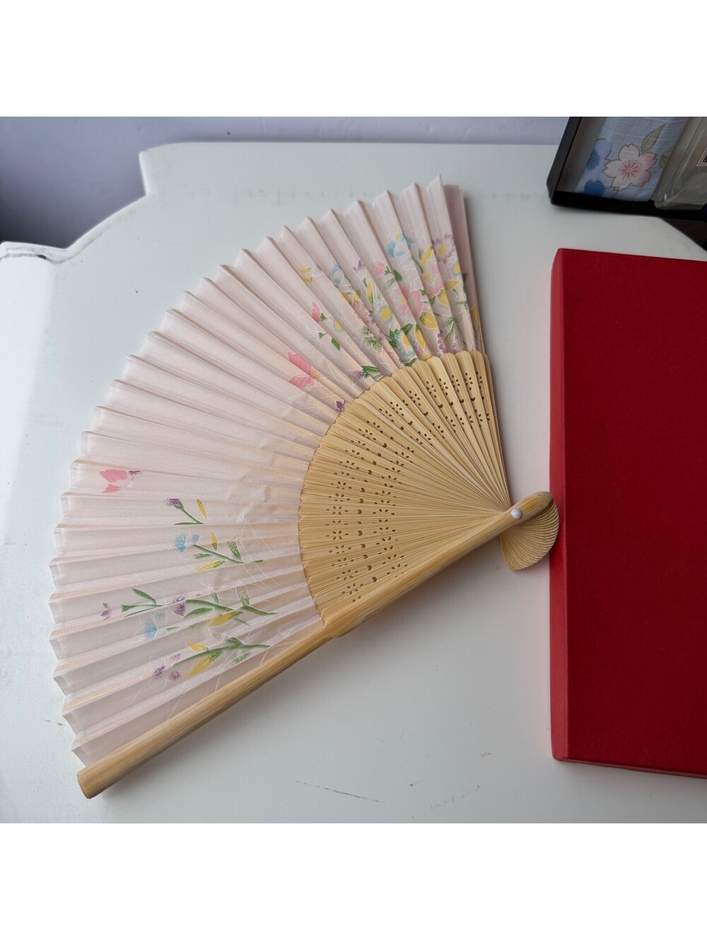 Authentic Japanese Folding Fan Hana Sakura Floral Bamboo Frame New in Box